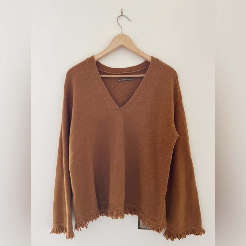 Anthropologie Mustard Brown V-Neck Sweater with Fringe